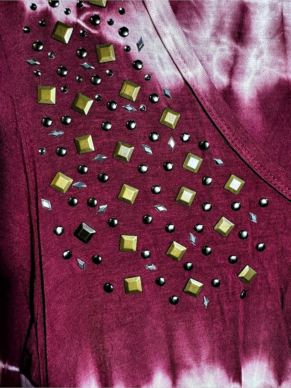Vocal Women’s Tie Dye Tunic Top Burgundy Rhinestone Studded Y2K Boho Made USA - Picture 5 of 9